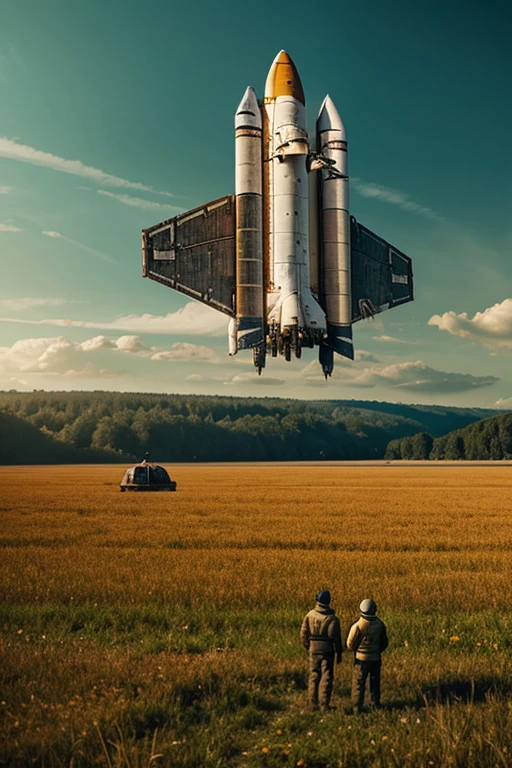 Space shuttle rusts in the field, Landscape Village, Standing people, Reality, Simon Stalenhag style