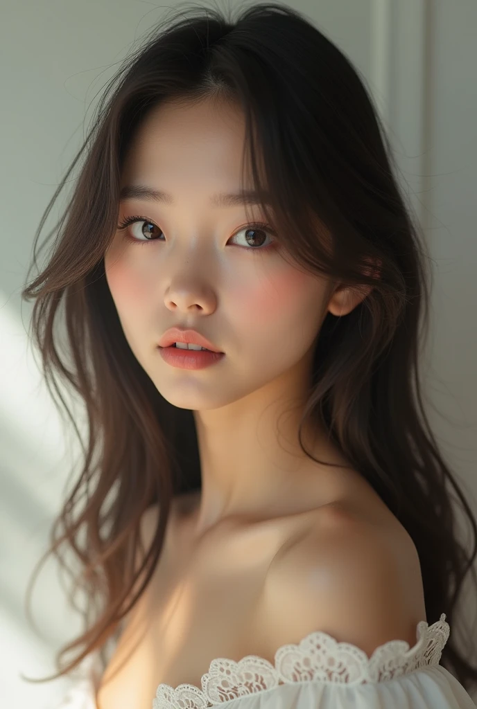 Make a short woman, very beautiful with loose and even hair , age 20 years