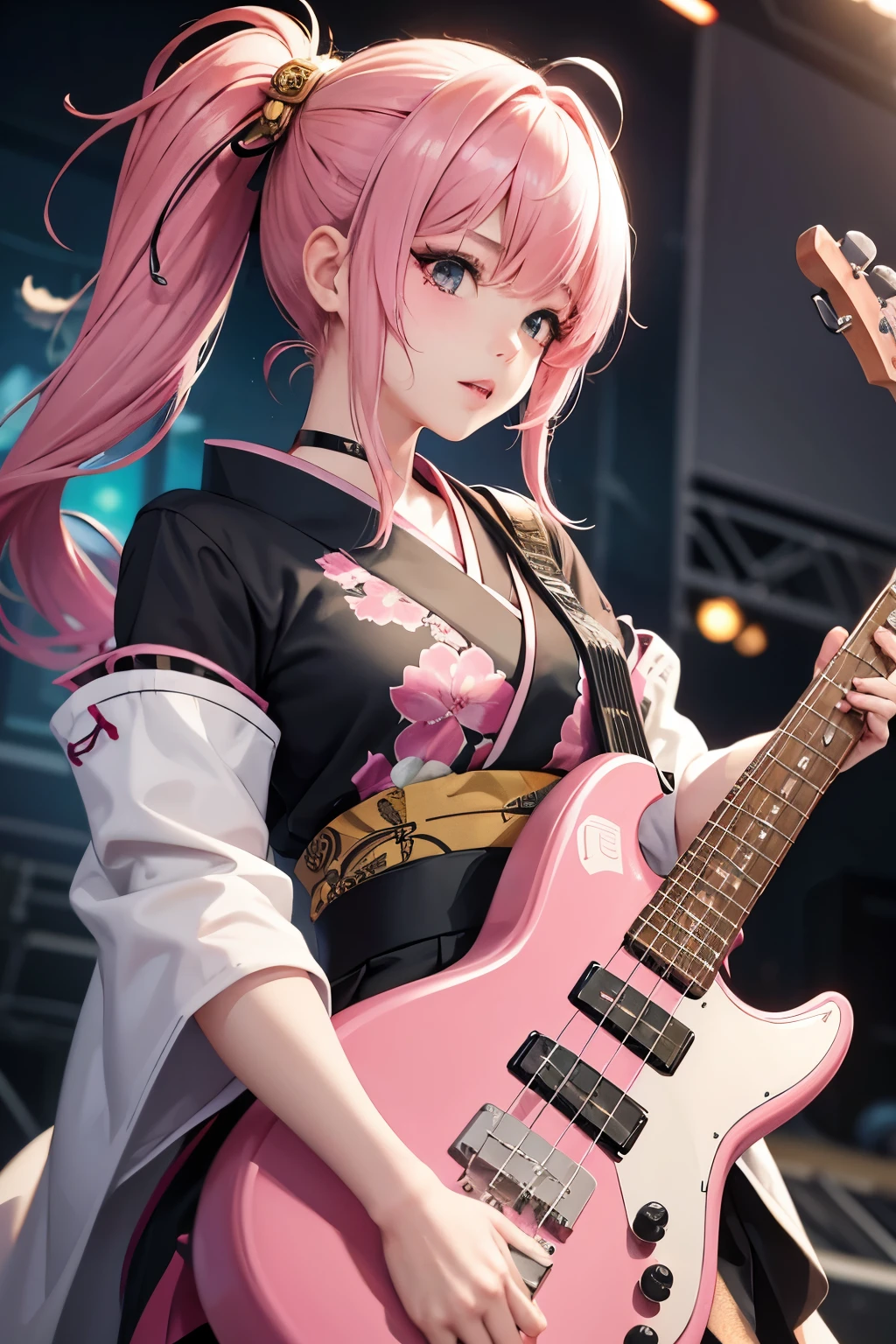 masterpiece, best quality, very detailed, high resolution, expensive resolution, high resolution, 4K, 8k, Unity 8k wallpaper, highly detailed CG, masterpiece, 2D, 3D, beautiful details, depth, fine texture, best quality: 1.3, perfect focus, crispy skin, he,
Very cute anime girl, girl playing baseguitar vocals in a band wearing a Japanese fancy floral haori hakama, on outdoor stage, full body, expensive pink twin tail hair, mole under eye, looking at the viewer, expensive, blush, mole, lips open, , heart choker, pink eyes, guitar vocals, stage,Full body of an anime girl with pink twin-tailed hair wearing a Japanese kimono and playing a bass guitar on stage at a cyberpunk festival