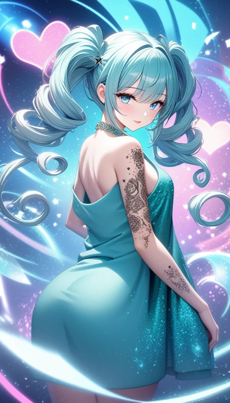 looking back, cool beauty, fluffy spiral curl twin tails, blue eyes, attractive and seductive face, make-up, covered in tattoos, wearing loose baggy knit dress, superlative body proportion, background Tiffany Blue, notes effects, star effects, heart effects, glitter effects, 2.5D, delicate and dynamic, graphic CG digital art