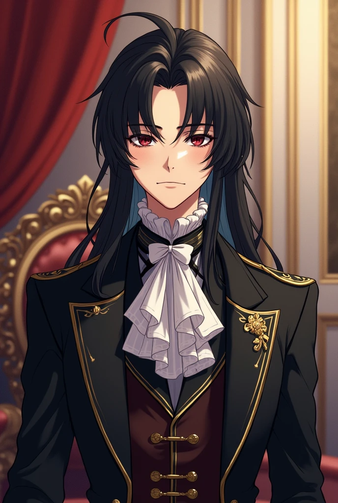 Anime Prince with long black hair and blue almond-shaped eyes. The Victorian era.