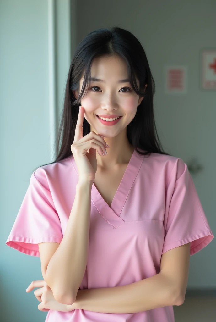 photograph, cowboy shot, woman with finger to cheek, smiling beautiful Japanese female nurse wearing pink nurse dress, hourglass figure, beautiful detailed face, black hair, pale skin, fair skin, realistic skin, detailed cloth texture, detailed hair texture, Perfect proportion, Anatomically correct, Highly detailed face and skin texture, private modern hospital room, looking at viewer, asian face , perfect anatomy, realistic