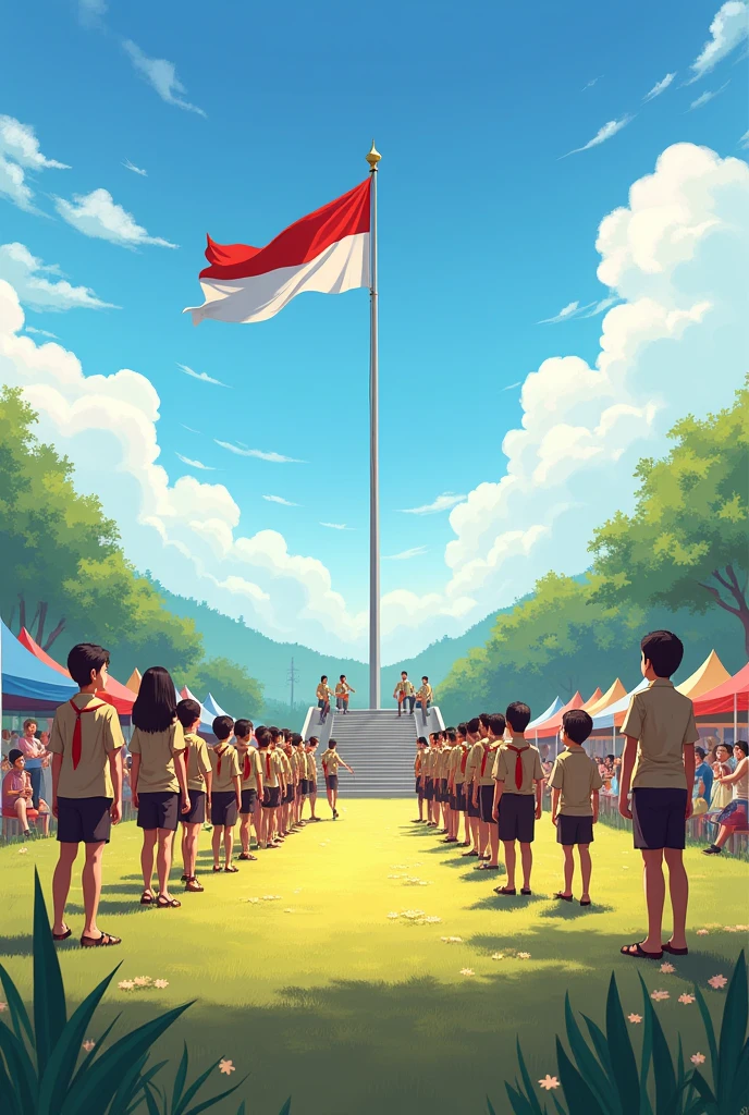 A bright view of an open field in the morning, where a group of Indonesian scouts are holding a Scout Day ceremony. The scouts, consisting of children and teenagers, wearing a brown uniform with a red and white tie, lined up neatly facing the flagpole. In the background, seen the tribune with the scout leaders, and some colorful tents that have been set up. On the other side of the field, seen a group of scouts playing traditional scout games, such as sack racing and tug of war. Clear blue sky with some white clouds, while the red and white flag flutters majestically on the flagpole. The atmosphere is full of enthusiasm and togetherness.