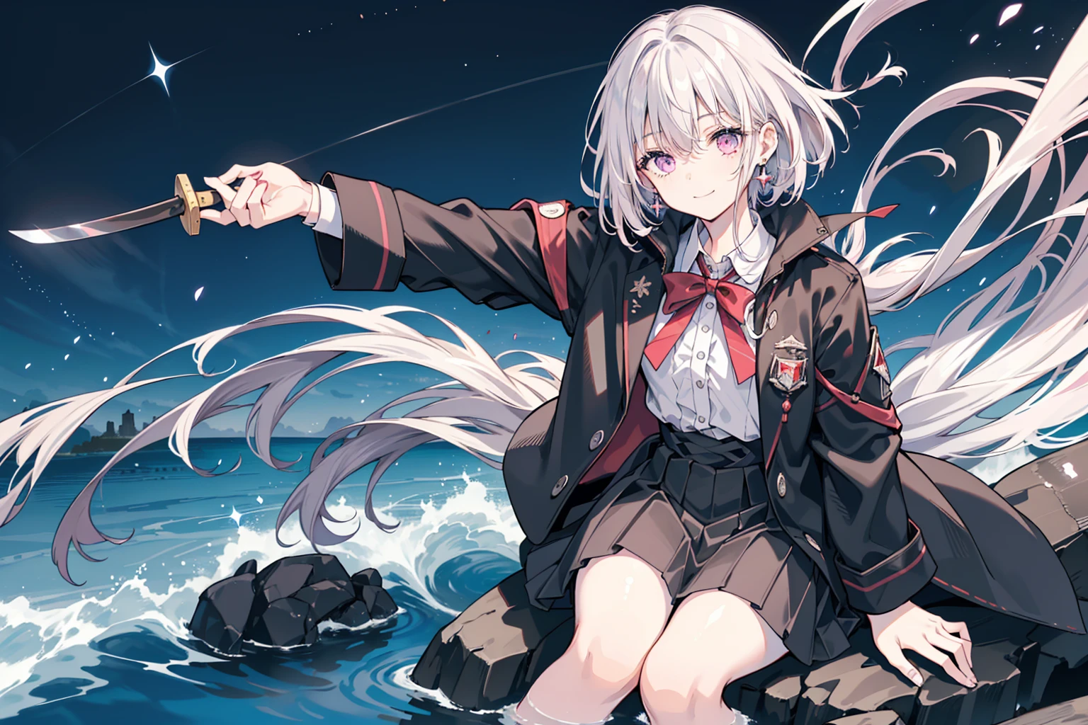 (best quality), (top-quality), (hight resolution), 8K images, (masterpiece), ((perfect face)),Light skin, (((1girl))), (((solo))), beautiful fantasy anime, top rated on pixiv, (((short hair))), (expressive eyes), (perfect eyes), (((light_pink eyes))), (((flat chest))), perfect face, smiling, (white hair:1.3), braided bang, hair over eyes, earrings, white collar shirt, red bow, (black long military jacket:1.5), delicate facial feature, star hair ornament, vintage style, starry night, fantasy, modern art, cool light --ar 3:2, (wide shot), (lots of beautiful and delicate water:1.4), sitting on the water, holding a katana , High definition RAW color art, magical scene, sparkle background, fantastical light, precious metal, full body like