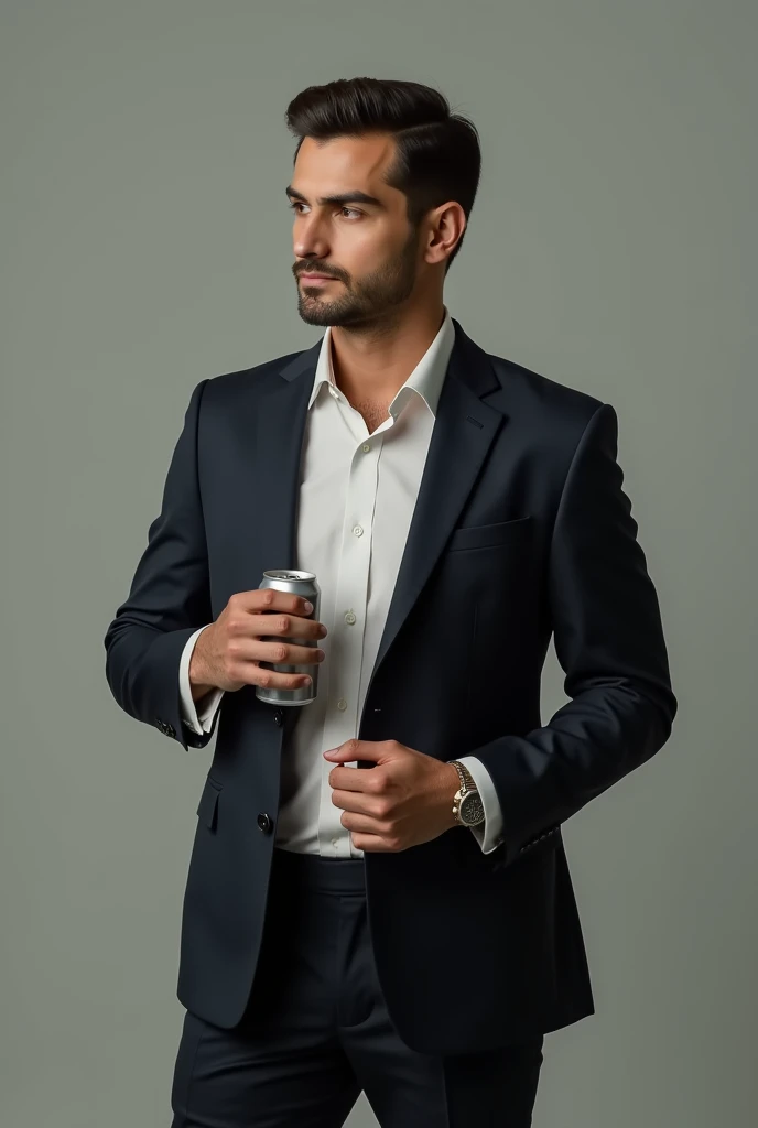 The model poses, standing straight, one hand holding a can, the other hand holding the buttons of his suit jacket.
