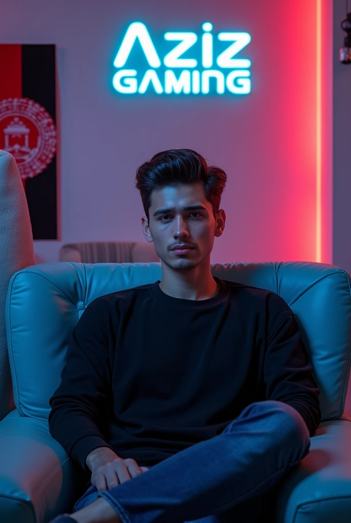 Make me a picture of a handsome young man sitting on a beautiful blue chair with Aziz Gaming written on the wall next to the Afghan flag.