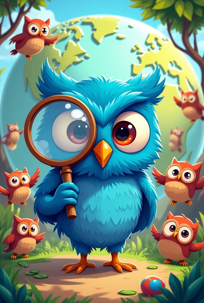 cartoon blue owl holding really big magnifyingn glass zoomed to the whole paper. one of the right eye is inside the magnifying glass less ai looking. with a globe in the background and surrounded by other owks doing exercise and arts