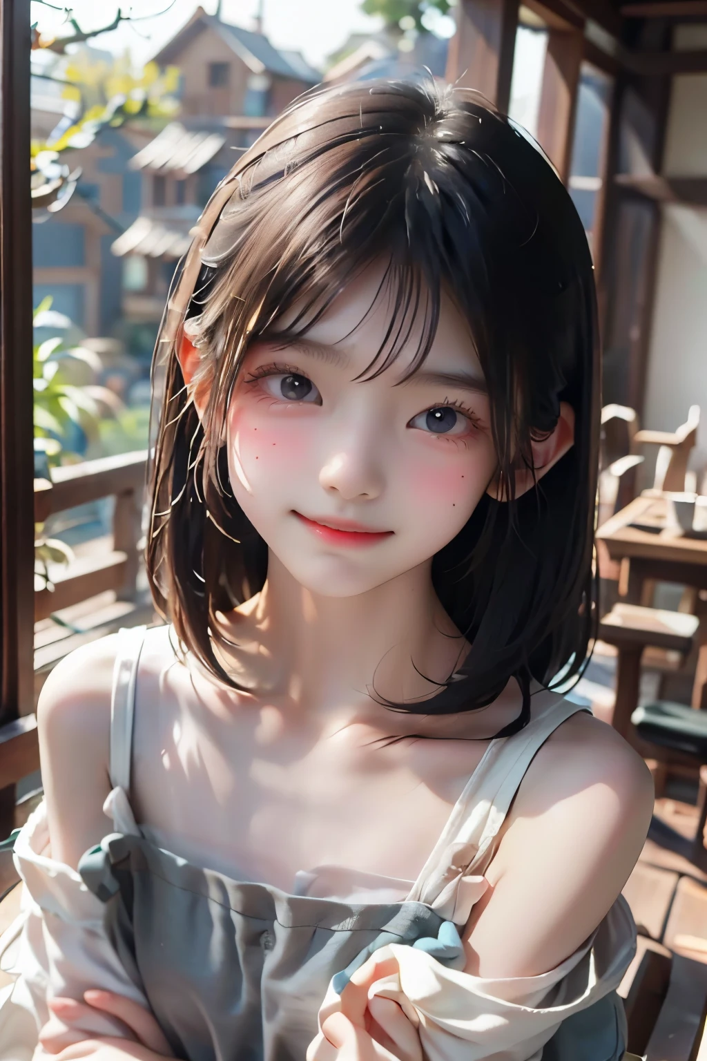 best quality,Chinese girl,1 Girl,18 years old,Gentle eyes,Skin that can be broken by blows,rosy face,Slightly fat,Upper Body,Inside the teahouse,soft,