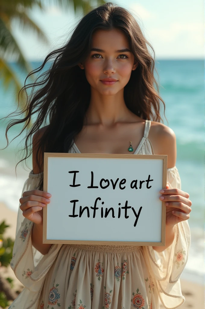 Beautiful girl with wavy long hair, bohemian dress, holding a white board with text "I Love Seaart Infinity" and showing it to the viewer