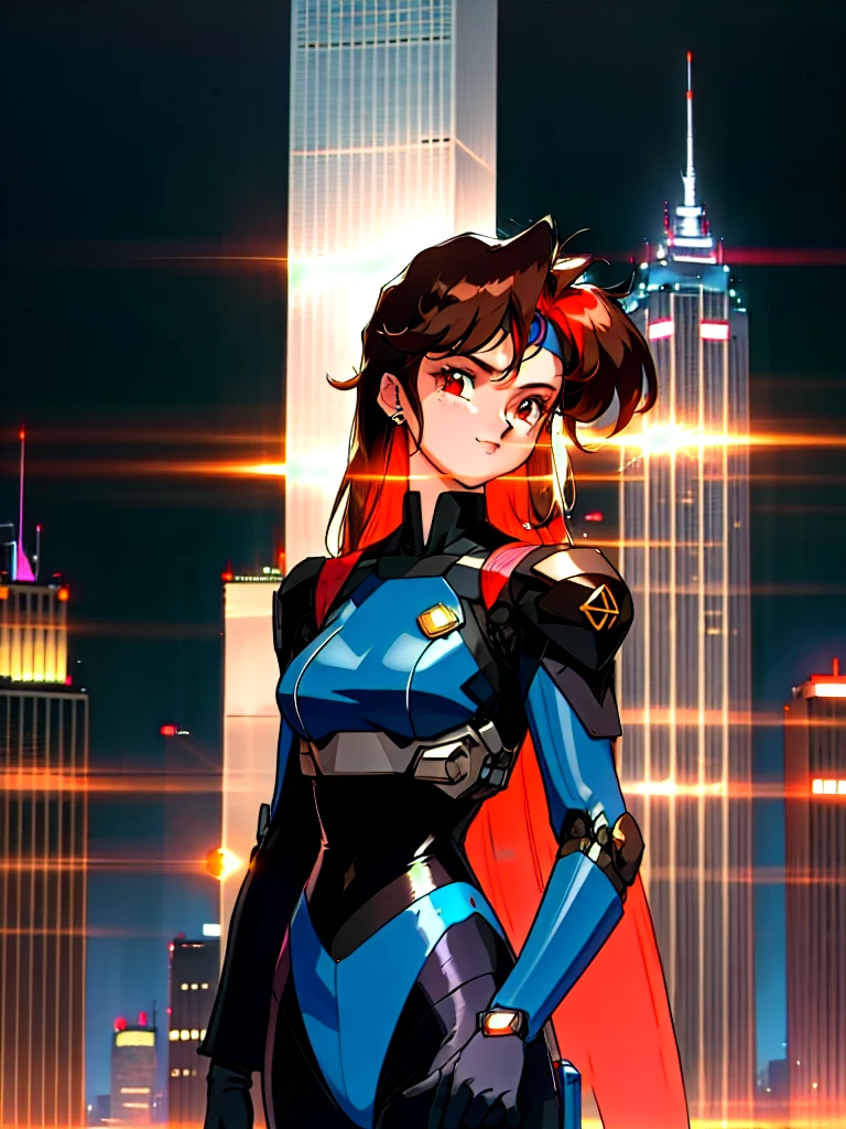 Kenichi Sonoda, retro art-style, 90s Japanese Anime Style, "bubblegum crisis", Sci-fi, Cyberpunk, Neon, (Amid the neon-soaked skyline of towering skyscrapers in mega Tokyo, 20-year-old anime beauty Priss stands alone on a gleaming skyscraper spire, bathed in the dazzling glow of the full moon. Her striking features are accentuated by a dark blue metal hard suit adorned with vibrant orange lines inspired by Syd Mead's industrial machine designs. Her brown medium-length hair frames her piercing gaze while she flashes a confident smile at the viewer. With fearless determination etched on her face, Priss is imposing and her entire presence exudes an aura of cool, stylish elegance. The smooth curves of her shadow, backlit by the moon, create a captivating silhouette, showcasing her unparalleled charm. (She takes off her uncomfortable full-face headset and lets her hair flow freely in the cool night breeze.), A beauty under the watchful eye of the city's towering skyscrapers.), 1girl, solo, The main character, "Priss", 20yo, anime beauty, Cool beauty, Unparalleled beauty, Brown medium length hair, forehead, red eyes, Cold and sharp eyes, harsh brushstrokes, dramatic lighting, A dark blue metal hard suit with orange lines has a sophisticated design, fearless look, an expression of ridicule, smile, Standing alone in the backlight, she looks cool and stylish, Standing, (looking at viewer), close-up photography of upper body, from below, Depth of field, character focus, (masterpiece, Award-winning work, extreme quality, ultra high definition, all intricate, overall detailed, very aesthetic, boast pompously, focus on entire screen, asymmetrical, raytraced, caustics, textile shading, incredibly absurd resolution, absolutely resolution, ultra high resolution, professional, vivid colors, 16k, perfect anatomy, ideal facial features, Beautifully detailed face, Beautifully detailed eyes, ideally proportioned figure, perfectly beautiful body),