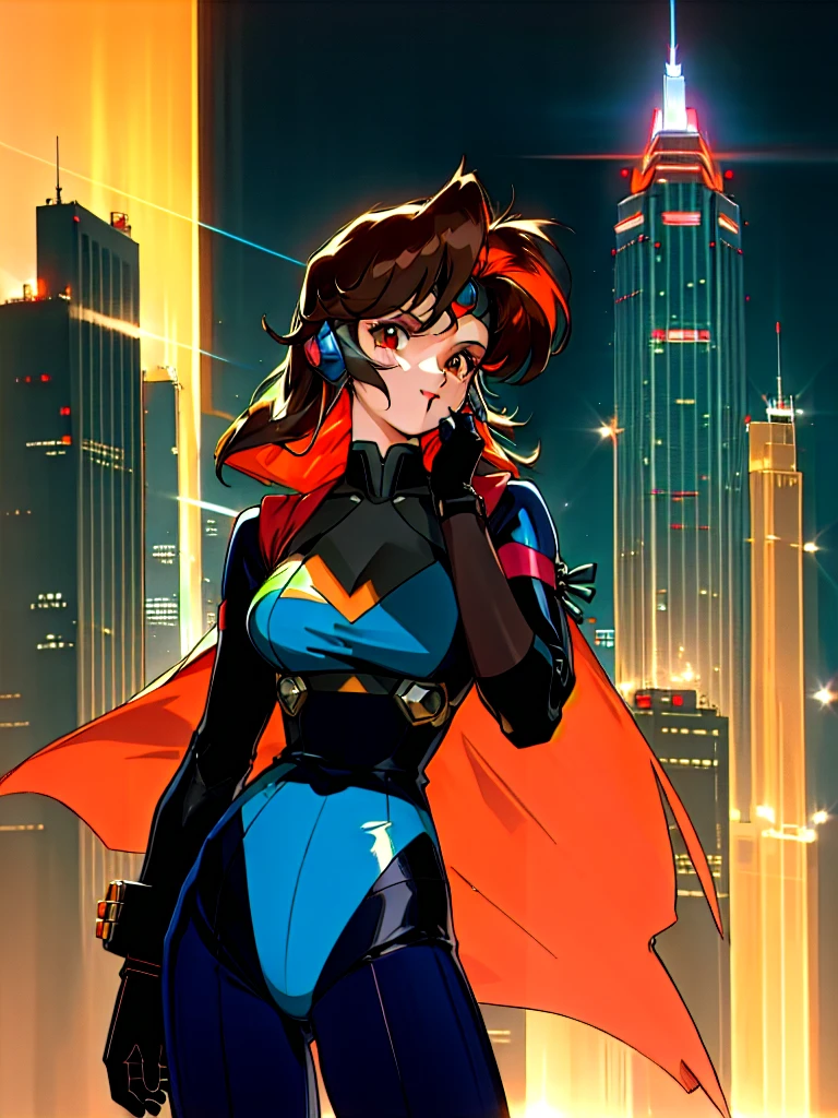 Kenichi Sonoda, retro art-style, 90s Japanese Anime Style, "bubblegum crisis", Sci-fi, Cyberpunk, Neon, (Amid the neon-soaked skyline of towering skyscrapers in mega Tokyo, 20-year-old anime beauty Priss stands alone on a gleaming skyscraper spire, bathed in the dazzling glow of the full moon. Her striking features are accentuated by a dark blue metal hard suit adorned with vibrant orange lines inspired by Syd Mead's industrial machine designs. Her brown medium-length hair frames her piercing gaze while she flashes a confident smile at the viewer. With fearless determination etched on her face, Priss is imposing and her entire presence exudes an aura of cool, stylish elegance. The smooth curves of her shadow, backlit by the moon, create a captivating silhouette, showcasing her unparalleled charm. (She takes off her uncomfortable full-face headset and lets her hair flow freely in the cool night breeze.), A beauty under the watchful eye of the city's towering skyscrapers.), 1girl, solo, The main character, "Priss", 20yo, anime beauty, Cool beauty, Unparalleled beauty, Brown medium length hair, forehead, red eyes, Cold and sharp eyes, harsh brushstrokes, dramatic lighting, A dark blue metal hard suit with orange lines has a sophisticated design, fearless look, an expression of ridicule, smile, Standing alone in the backlight, she looks cool and stylish, Standing, (looking at viewer), close-up photography of upper body, from below, Depth of field, character focus, (masterpiece, Award-winning work, extreme quality, ultra high definition, all intricate, overall detailed, very aesthetic, boast pompously, focus on entire screen, asymmetrical, raytraced, caustics, textile shading, incredibly absurd resolution, absolutely resolution, ultra high resolution, professional, vivid colors, 16k, perfect anatomy, ideal facial features, Beautifully detailed face, Beautifully detailed eyes, ideally proportioned figure, perfectly beautiful body),
