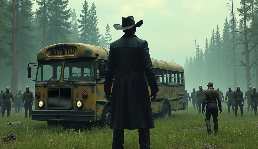 Man in cowboy hat and black clothes standing on the roof of a bus, facing back or with your back to the camera. Seen around the destroyed green forest, add grass to the ground. The bus is surrounded by realistic zombies.