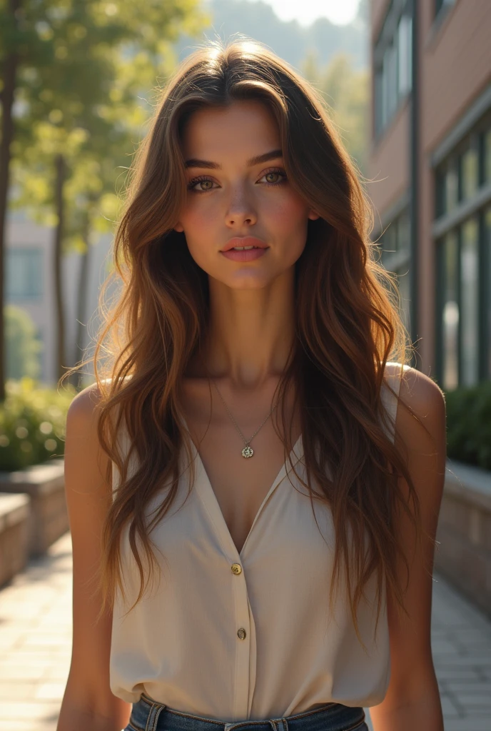"A captivating and distinctive 25-year-old brunette woman looking straight ahead, with unique features that set her apart. She has mesmerizing green eyes and a radiant smile that exudes confidence. Her long, slightly tousled hair adds to her allure without being overly polished. She wears a fashionable and individualistic outfit that complements her style. The background is minimalist to emphasize her presence.",
"style": "realistic",
"lighting": "natural",
"emotions": "confidence, allure",
"additional details": "Subtle freckles, natural makeup with a hint of glamour, tasteful accessories."