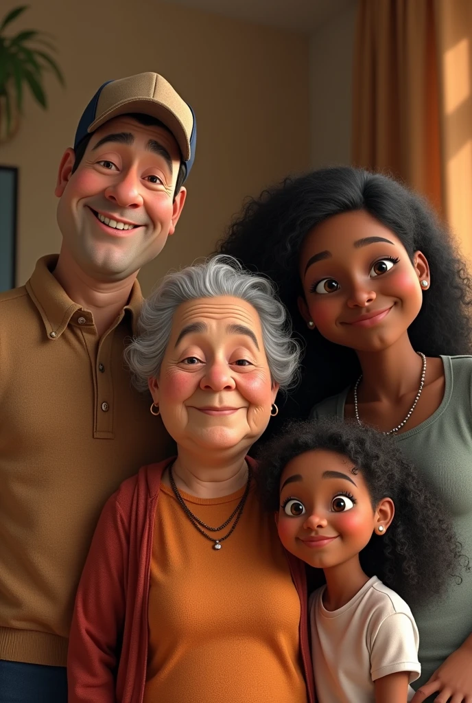 Create a family that includes an elderly woman, a white-skinned father wearing a cap without a beard, a dark-skinned, chubby mother with long black hair, a tall dark-skinned brother with long black hair, a tall dark-skinned sister with curly hair who is animated by Pixar 