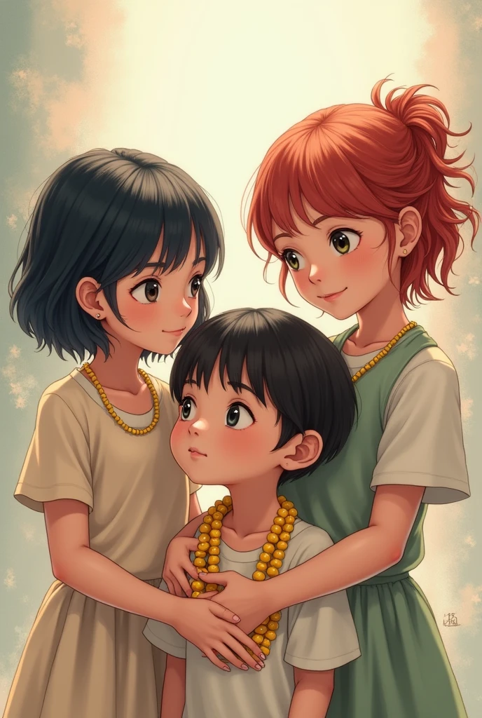 Create two girls, one with short black hair and the other with black hair in a redder tone, and a boy with black hair and a yellow beaded necklace.