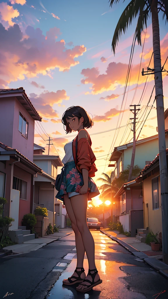 A Young Sexy Woman Standing On Road she wearing printed underwear Digital illustration depicting a vibrant sunset scene in a tropical setting. The layout features a street lined with palm trees and small houses with tiled roofs on the left side. A classic red car is parked on the street, facing away from the viewer, with its license plate visible. The sky is ablaze with shades of orange, red, and purple, casting a warm glow over the entire scene. Power lines stretch across the sky, The overall atmosphere is serene and nostalgic, capturing the beauty of a tropical sunset. The artist's signature is present in the bottom right corner.