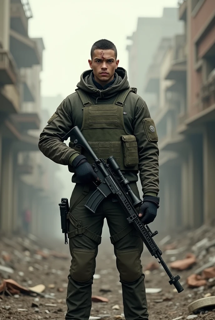 Character of a young man with short hair 4 cm. with bulletproof vest holding SPR sniper rifle guessing, standing in the middle of a dead city There's a lump on his testa