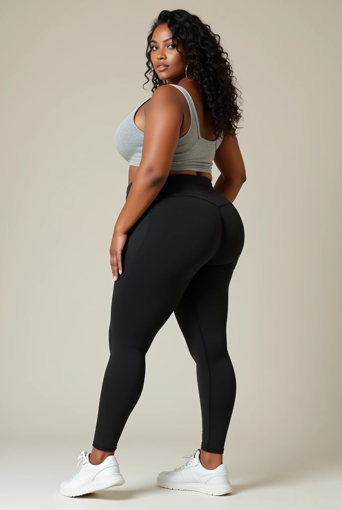 a portuguese curvy girl wide hips full length white sneakers tight leggings round butt 
