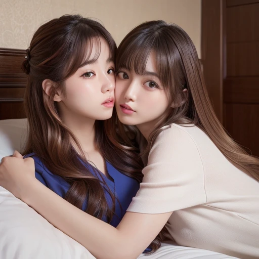 (Highest quality、4K、8k、High resolution、masterpiece:1.2)、Very detailed、(Real、Photorealistic、Photorealistic:1.37)、(japanese two girls)、 kiss and hugging 、on the bed、(hair style:Random)、(hair color:Random)