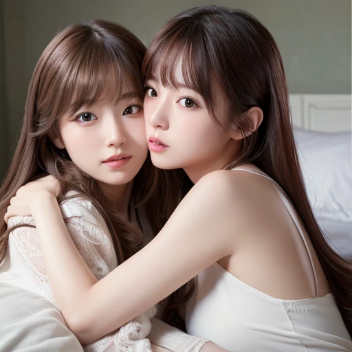 (Highest quality、4K、8k、High resolution、masterpiece:1.2)、Very detailed、(Real、Photorealistic、Photorealistic:1.37)、(japanese two girls)、 kiss and hugging 、on the bed、(hair style:Random)、(hair color:Random)