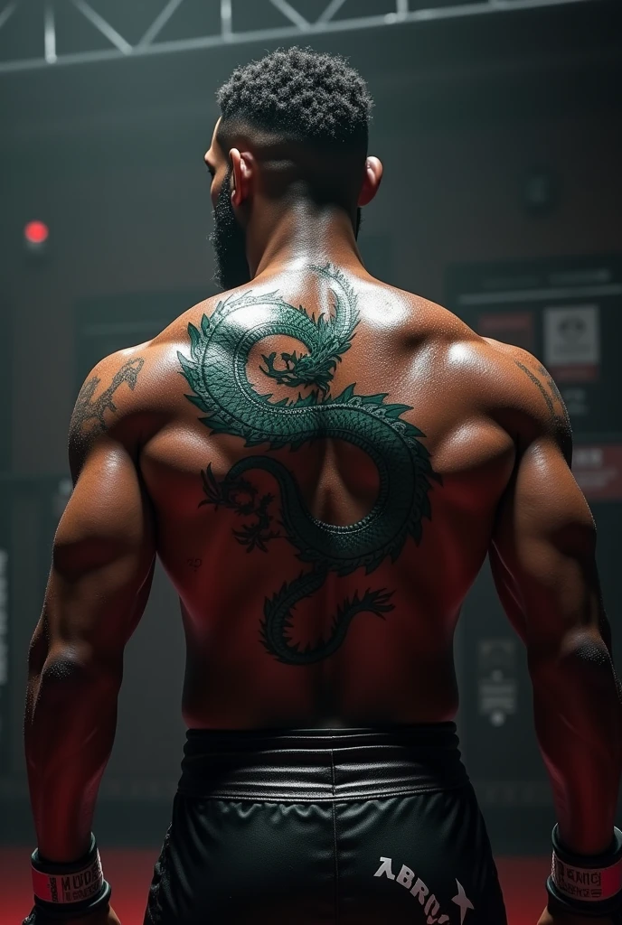 Black mma fighter with dragon tattoo on back in cage