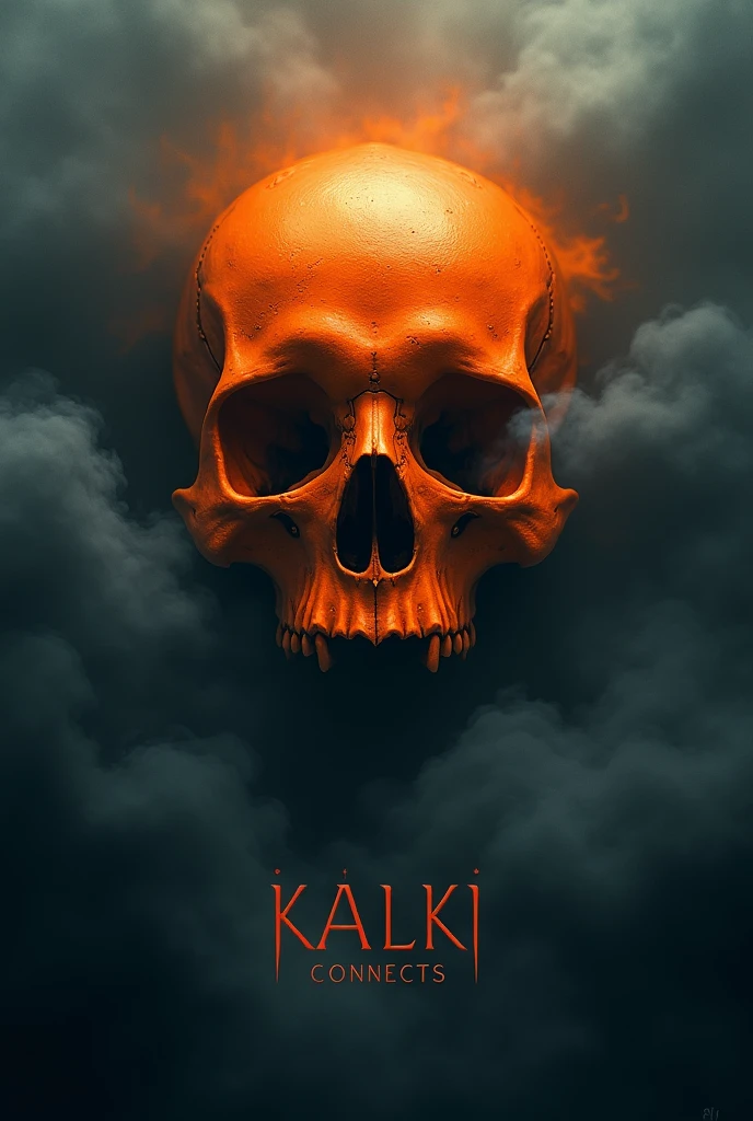Orange skull without lower jaw and dark fog surrounding it with "Kalki Connects" written on it