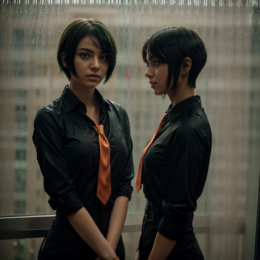 man. A bit thin, but has muscles. Beautiful serious face, eyes are narrow. Black short hair with bangs, on the left side. Dressed in a tight black sleeveless T-shirt with a long neck and jeans.