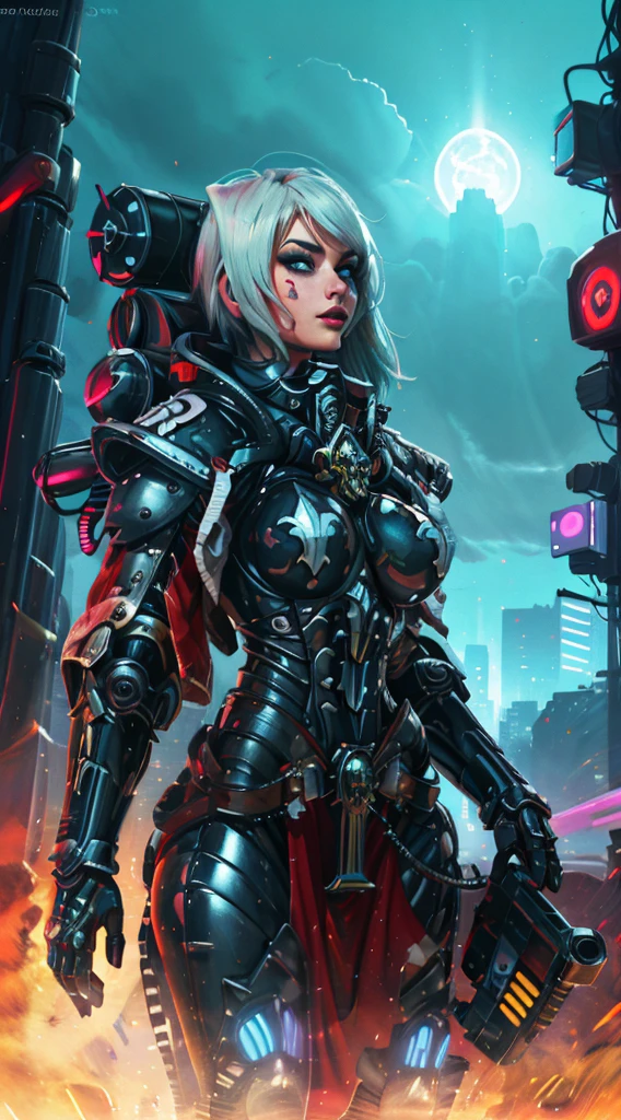 A robot girl adepta sororitas with a futuristic appearance and advanced technology, (ultra-detailed,realistic:1.37), [prostituta], beautiful detailed eyes, beautiful detailed lips, long eyelashes, eyepatch , vibrant synthetic skin, sleek metallic body, glowing LED lights, impeccable makeup and hairstyle. She stands in a bustling city street, surrounded by holographic advertisements and neon lights. The cityscape is filled with towering skyscrapers and futuristic vehicles. The air is filled with a mix of artificial scents and the bustling sounds of people and machines. The robot adepta sororitas confidently walks with a graceful and alluring demeanor, drawing the attention of onlookers. The color palette is a combination of vibrant neon colors and cool metallic tones. The lighting is a mix of the bright city lights and the soft glow of the robot girl's LED lights on her body, creating an enchanting atmosphere. The image is of the highest quality, with ultra-detailed rendering and a photorealistic appearance.
