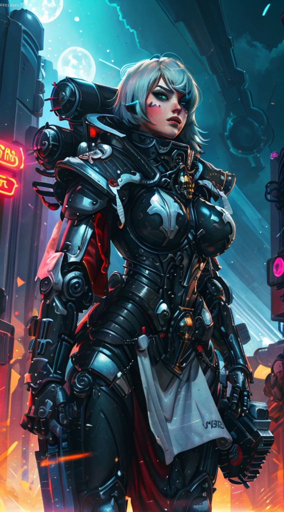 A robot girl adepta sororitas with a futuristic appearance and advanced technology, (ultra-detailed,realistic:1.37), [prostituta], beautiful detailed eyes, beautiful detailed lips, long eyelashes, eyepatch , vibrant synthetic skin, sleek metallic body, glowing LED lights, impeccable makeup and hairstyle. She stands in a bustling city street, surrounded by holographic advertisements and neon lights. The cityscape is filled with towering skyscrapers and futuristic vehicles. The air is filled with a mix of artificial scents and the bustling sounds of people and machines. The robot adepta sororitas confidently walks with a graceful and alluring demeanor, drawing the attention of onlookers. The color palette is a combination of vibrant neon colors and cool metallic tones. The lighting is a mix of the bright city lights and the soft glow of the robot girl's LED lights on her body, creating an enchanting atmosphere. The image is of the highest quality, with ultra-detailed rendering and a photorealistic appearance.
