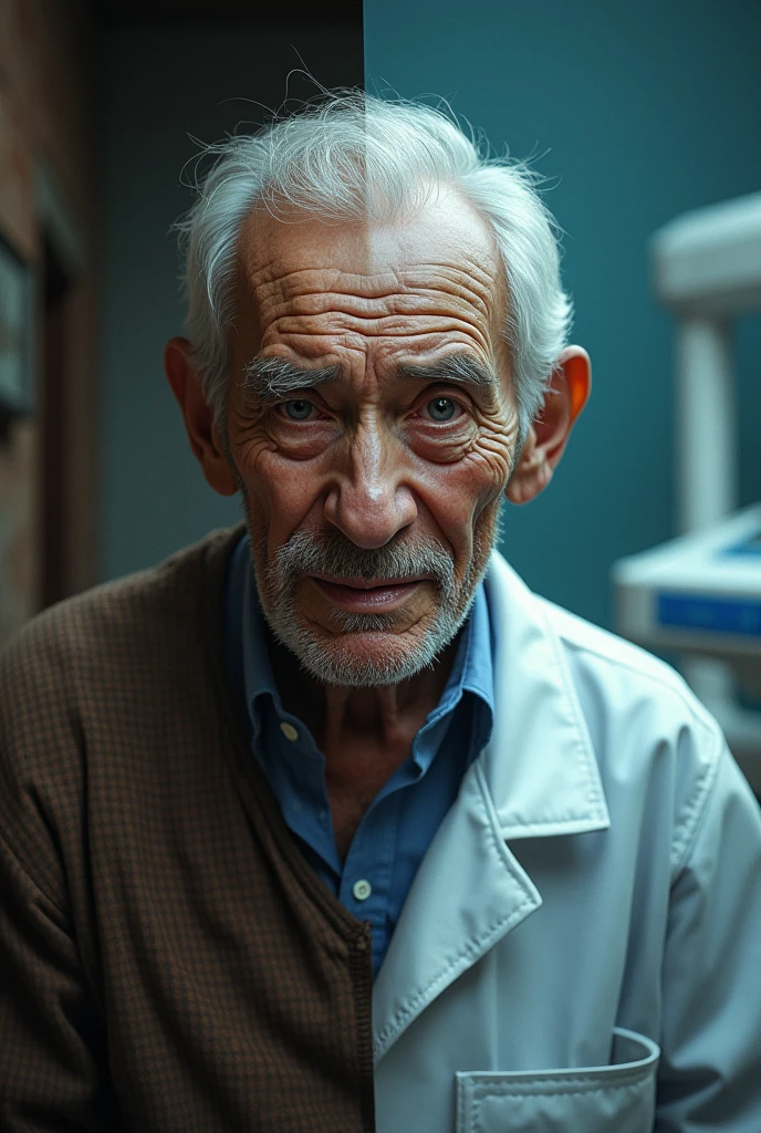generate a realistic image where you compare ancient and modern dentistry. In old dentistry it shows an elderly person scared due to the lack of appropriate equipment and in current dentistry it shows a professional with new equipment