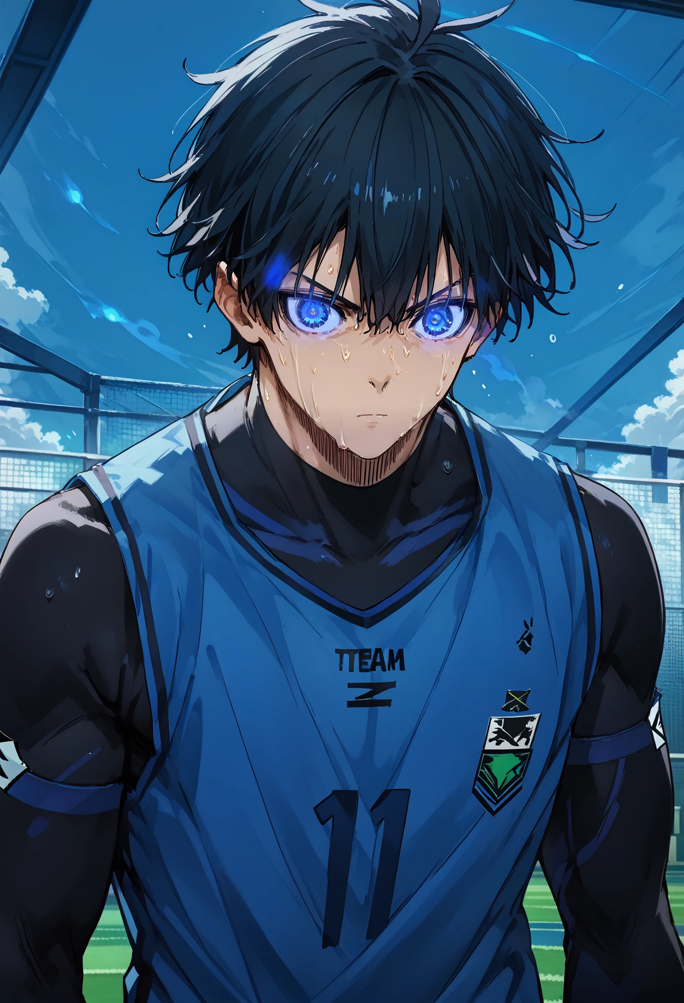 score_9_up,score_8_up,score_7_up,score_6_up, hadrian, 1boy, Isagi Yoichi, male focus, black hair, blue eyes, sportswear, sweat, glowing eyes, blue ___ around eyes