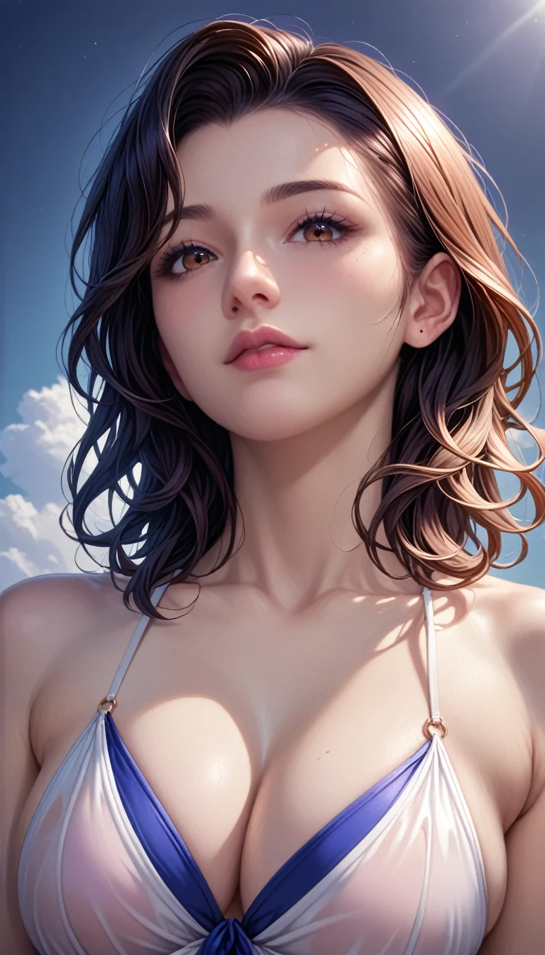 score_9, score_8_superior, score_7_superior, High resolution 3D anime style,A masterpiece in 32K resolution,Highest quality,it is really amazing,Very detailed,Ultra-high resolution,Ultra-realistic,Realistic,Increased depth of field,Cinematic lighting,
(Sexy mature Japan woman:1.2),
(black straight medium hair:1.1),(Ultra-detailed and beautiful face:1.1),(Calm and gentle look:1.1),Beautiful brown eyes,Translucent white skin,Realistic skin texture,Great proportions,
Elegant swimwear,
Summery design,Chic color scheme,Beautiful and delicate decoration,Detailed fabric texture,
(Dark overcast sky on a dull night:1.1),(Dark clouds filling the sky:1),(Thundercloud:1),Coastline at night,Stormy seas,(delay々A desolate sandy beach that continues:1),
(dramatic:1.1),(Low - Angle:1.1),