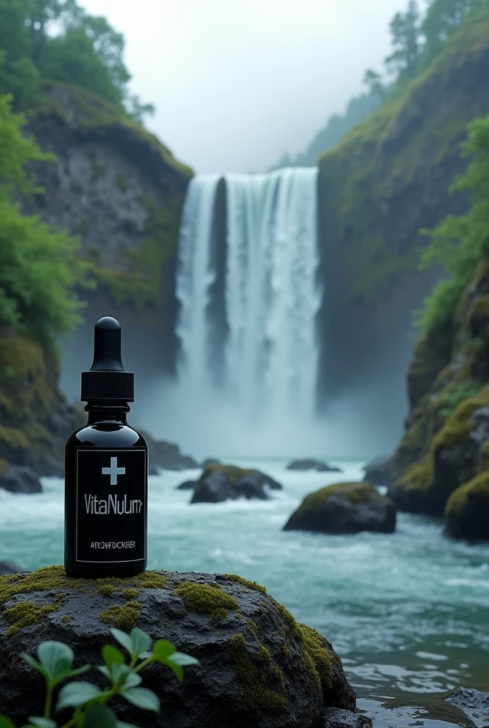 Landscape of a river with a very cool, beautiful waterfall with some rocks with a black medicine dropper that has a sign that says Vita Nur