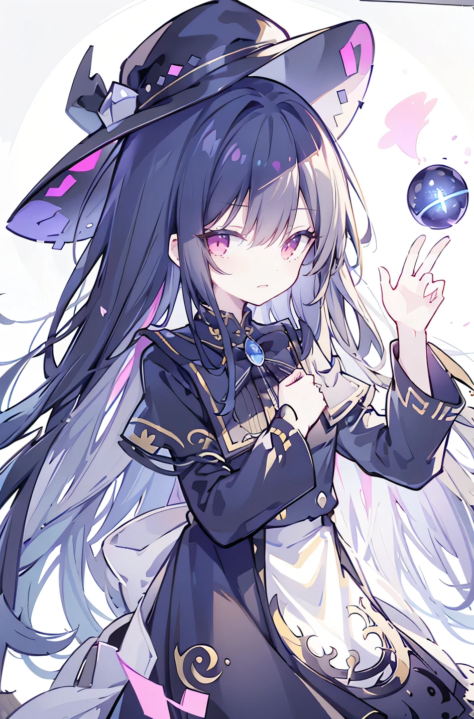 oung Girls,Humanity,A magician always smiles,big witch hat,cute,dark blue long hair,The eyes are dull,The bangs are heavy,Thin eyebrows,fantasy,intake,Double teeth,Star Theme,Constellation pattern,Solid color clothetal decoration,cloak,A bit of a dark atmosphere,A little crazy smile,When the big moon shines outside at night,blood,Hair black star embellishment,Short tie,No nails,High waist skirt,Bell sleeves,Long-sleeved shirt,Black tie,low risk,gentlemen。Mist、Yellow and white effect，Shocking pink as an accent color