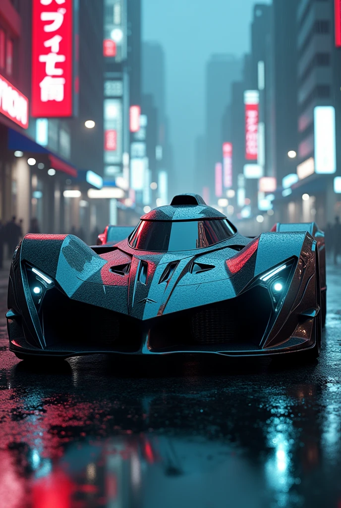 a highly detailed and futuristic Batmobile, ultrarealistic, photorealistic, 8k, HDR, physically-based rendering, studio lighting, cinematic lighting, advanced technology, sleek design, high-tech vehicle, aggressive styling, muscular body, sharp edges, neon highlights, carbon fiber accents, advanced aerodynamics, hybrid engine, advanced AI system, radar and sensors, advanced weapons systems, floating holographic displays, seamless integration design elements, cinematic angle, dramatic shadows and highlights, moody color palette, neon lights, rainy urban environment, cyberpunk aesthetic