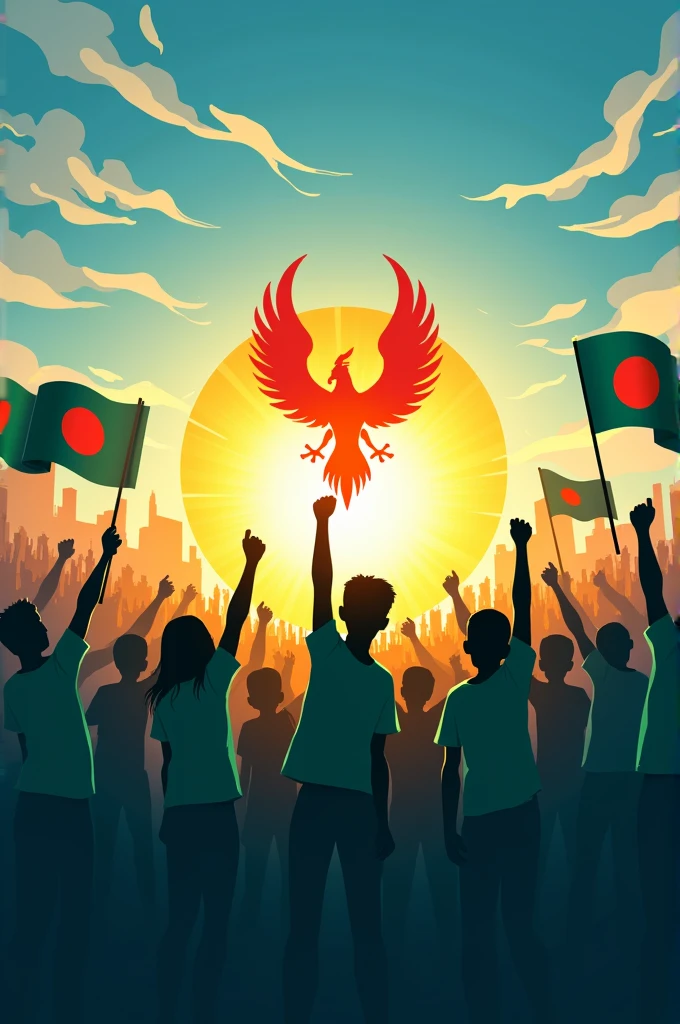 Certainly, let's create a compelling banner based on the information you've provided and the logo.
**Prompt for the AI Image Generator:**
**Text:**
* **Headline:** "Hope for a New Bangladesh"
* **Subheadline:** "Youth Rising, Future Shining"
* **Body:** "In memory of those who sacrificed for freedom, we pledge to build a brighter tomorrow. Join us in spreading hope and restoring order."
**Logo:**
* Include the provided logo in a prominent position.
**Visual Elements:**
* **Color Palette:** Primarily blue and white, with accents of green and yellow (representing hope and new life).
* **Imagery:**
* Silhouettes of young people raising their fists in solidarity.
* A phoenix rising from ashes (symbolizing rebirth and hope).
* A vibrant sunrise (representing a new beginning).
* Flags of Bangladesh waving proudly.
* **Layout:** A dynamic and energetic composition, with the logo as the focal point.
**Additional Considerations:**
* **Font:** Choose a modern and legible font that conveys a sense of optimism and strength.
* **Tagline:** Consider adding a short, impactful tagline like "United for a Better Future" or "Our Time to Lead."
**Example Prompt:**
> Create a banner with the headline "Hope for a New Bangladesh" and subheadline "Youth Rising, Future Shining." Include the provided logo prominently. Use a color palette of blue, white, green, and yellow. Incorporate imagery of young people raising fists, a phoenix rising from ashes, a vibrant sunrise, and waving Bangladeshi flags. The layout should be dynamic and energetic. Choose a modern and legible font. Consider adding a tagline like "United for a Better Future" or "Our Time to Lead."
**Remember to adjust the prompt according to your specific preferences and the capabilities of the AI image generator you're using.**
I hope this helps! Feel free to ask if you have any other questions.