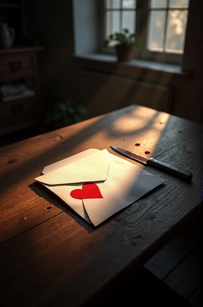 There is an oak table that is partly illuminated by sunlight., In that illuminated part there is an envelope with a letter with a red heart, Next to that envelope there is a knife with blood marks