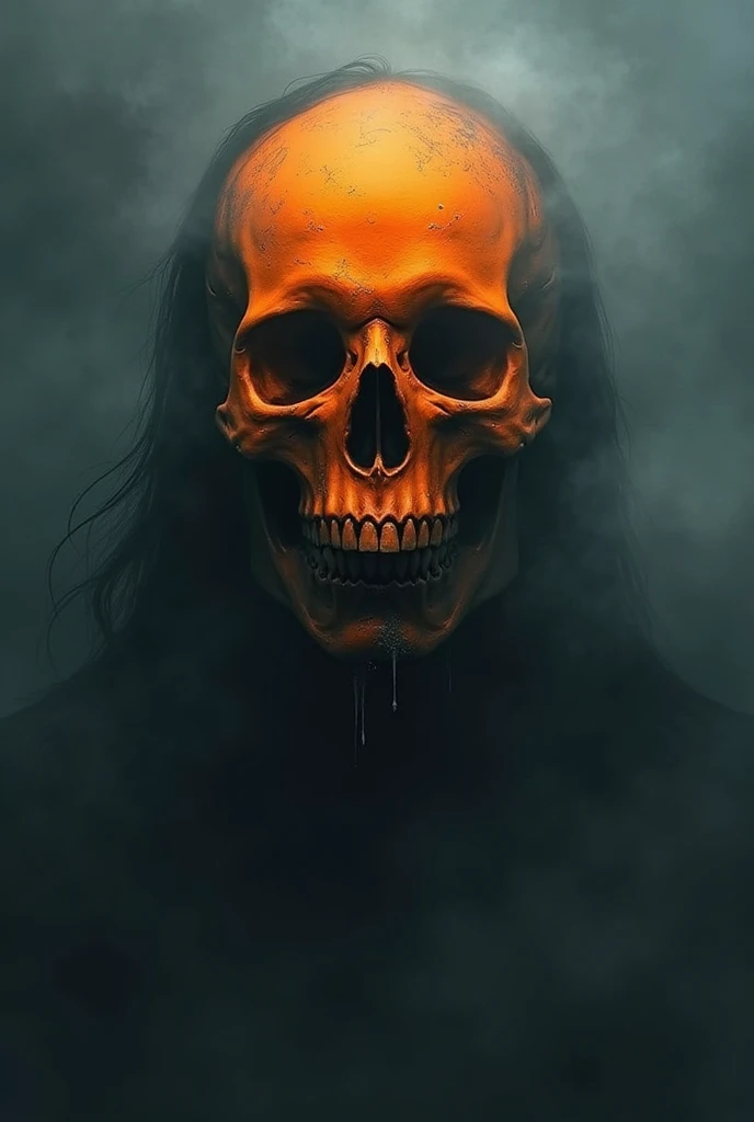 Orange skull without lower jaw and dark fog surrounding it with "Kalki Connects" written on it