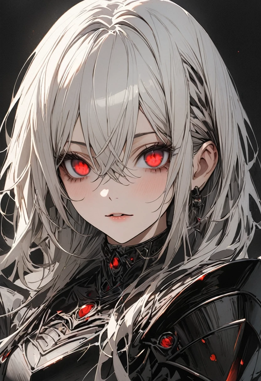 1 woman, (black background), striped hair, (white hair, red eyes, wearing armor), hair between eyes, moles under the eyes, blank eyes, high detail, conceptual art, japanese cartoon movies, gothic art, masterpiece, super detail, high details, high quality, best quality