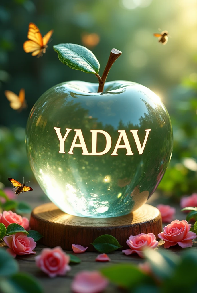 This is a transparent Apple shaped, it is made of glass with "YADAV" clearly written inside And surrounded by some green, rose , butterfly, bee green background and is placed on a wooden base, 16k ultra quality image