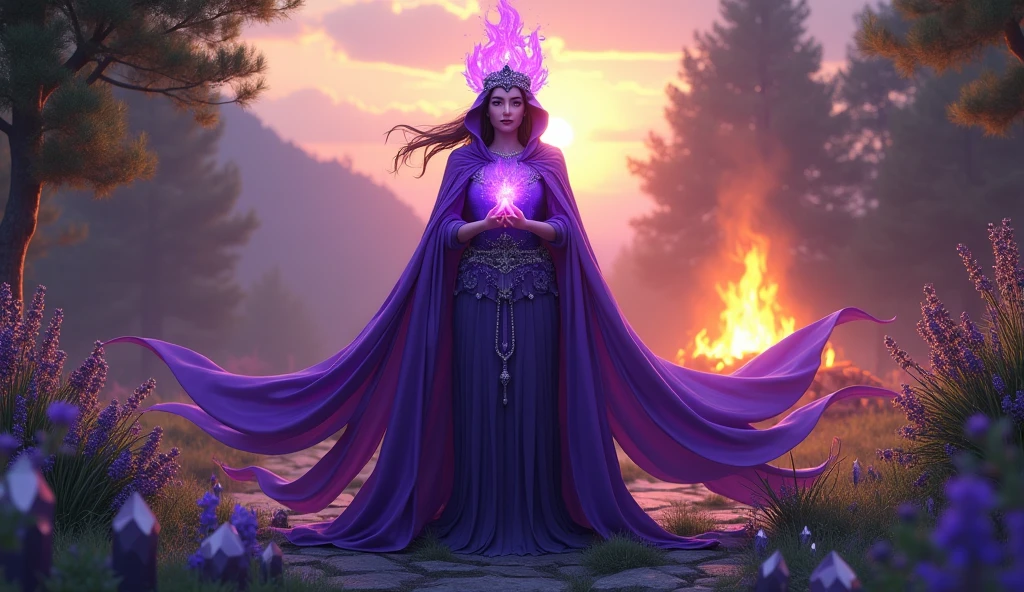 woman with STYLISH violet priestess cape, from the top of his head on the crown and from his chest comes a large violet flame, convey depth, in the background a garden with various aromatic herbs, Lavender, mint, many crystals, bonfire in the background, in a sunset