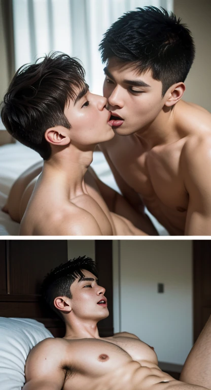 Teenage boy, 3 people,,Looks similar,short brown hair,Love each other.,naked,A penis that is large and age-appropriate,Increase sexiness,bedroom、(in 8K、Highest quality、Masterpiece:1.2)、(truly naked) cumshot,Semen smeared on the mouth,The most realistic