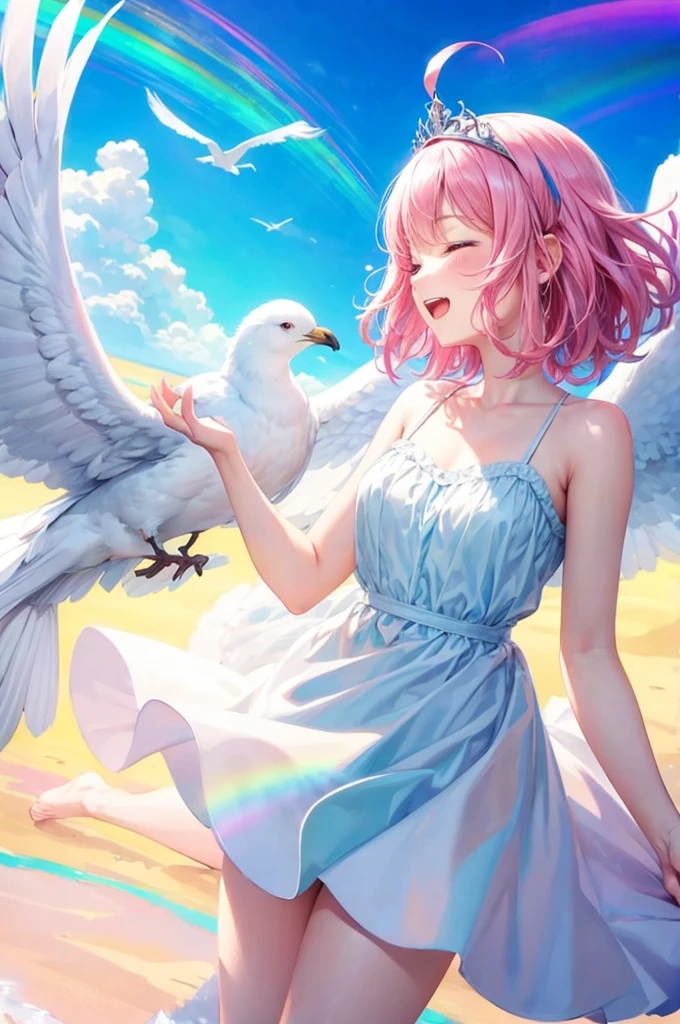 1girl, Pink hair, twintails, short hair, horse ears, tiara, pink eyes,
masterpiece, (best quality), (extremely detailed:1.4), (highres:1.4), super fine Illustration,
(big gull), 1girl and 1gull, (from side), frying (with gull), (hand to the big gull), talking to the gull, looking at the gull, eye contact to the gull, playing with gull, beautifull sky, cloud, morning glow, looking up, closeup,
angel wings, shiny skin, shiny hair, floating hair, floating clothes, bloom, smile, open mouth, closed eyes, happy, bareshoulder, white sundress,
watercolor (medium), soft pastel color, dutch angle, colorful background, rainbow background,