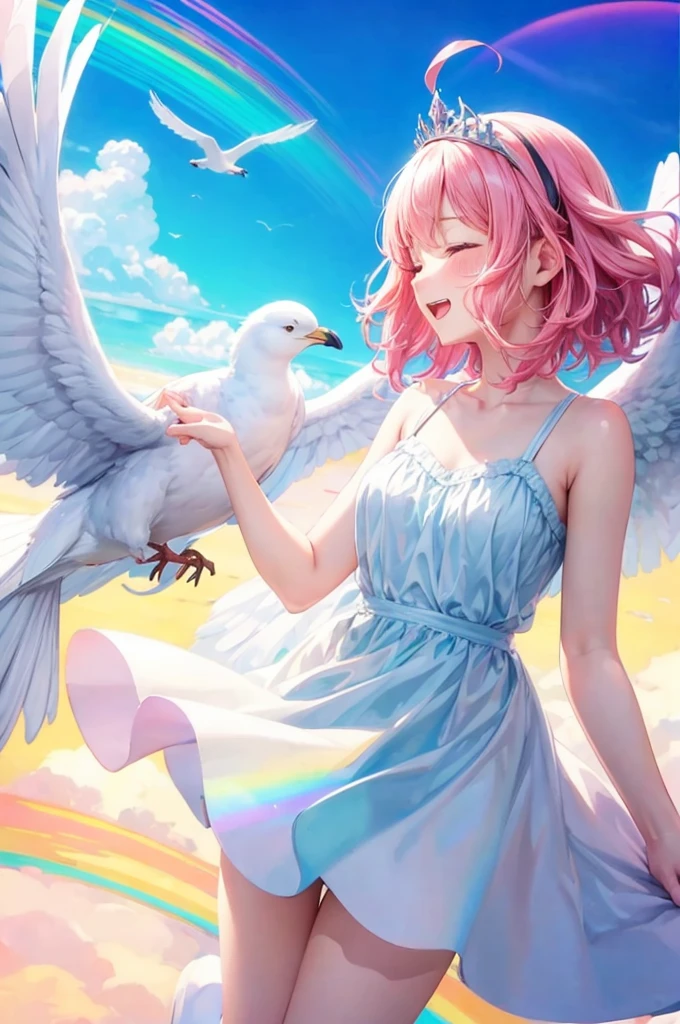 1girl, Pink hair, twintails, short hair, horse ears, tiara, pink eyes,
masterpiece, (best quality), (extremely detailed:1.4), (highres:1.4), super fine Illustration,
(big gull), 1girl and 1gull, (from side), frying (with gull), (hand to the big gull), talking to the gull, looking at the gull, eye contact to the gull, playing with gull, beautifull sky, cloud, morning glow, looking up, closeup,
angel wings, shiny skin, shiny hair, floating hair, floating clothes, bloom, smile, open mouth, closed eyes, happy, bareshoulder, white sundress,
watercolor (medium), soft pastel color, dutch angle, colorful background, rainbow background,
