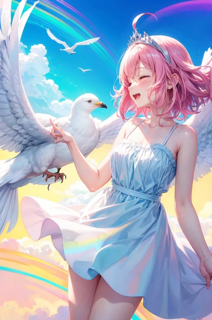 1girl, Pink hair, twintails, short hair, horse ears, tiara, pink eyes,
masterpiece, (best quality), (extremely detailed:1.4), (highres:1.4), super fine Illustration,
(big gull), 1girl and 1gull, (from side), frying (with gull), (hand to the big gull), talking to the gull, looking at the gull, eye contact to the gull, playing with gull, beautifull sky, cloud, morning glow, looking up, closeup,
angel wings, shiny skin, shiny hair, floating hair, floating clothes, bloom, smile, open mouth, closed eyes, happy, bareshoulder, white sundress,
watercolor (medium), soft pastel color, dutch angle, colorful background, rainbow background,