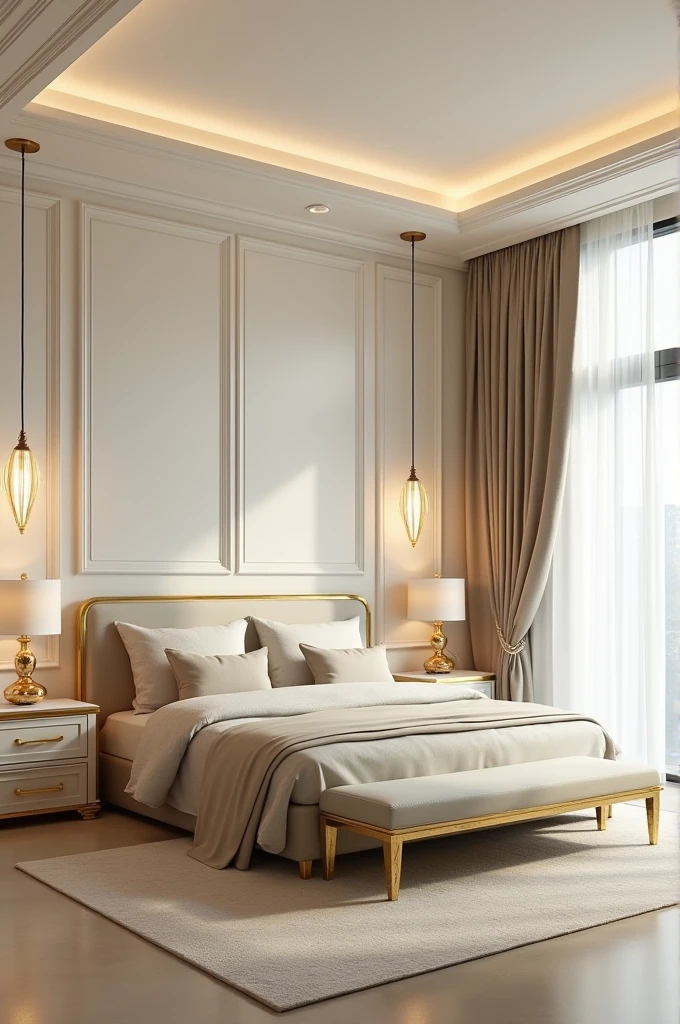 Professional 3d architecture rendering design of modern and gold French design for bedroom with light cream painting wall and light cream closet and modern bed with light moss and light thunder and light beige color tem and modern ceiling lighting and modern windows and beautiful curtains 