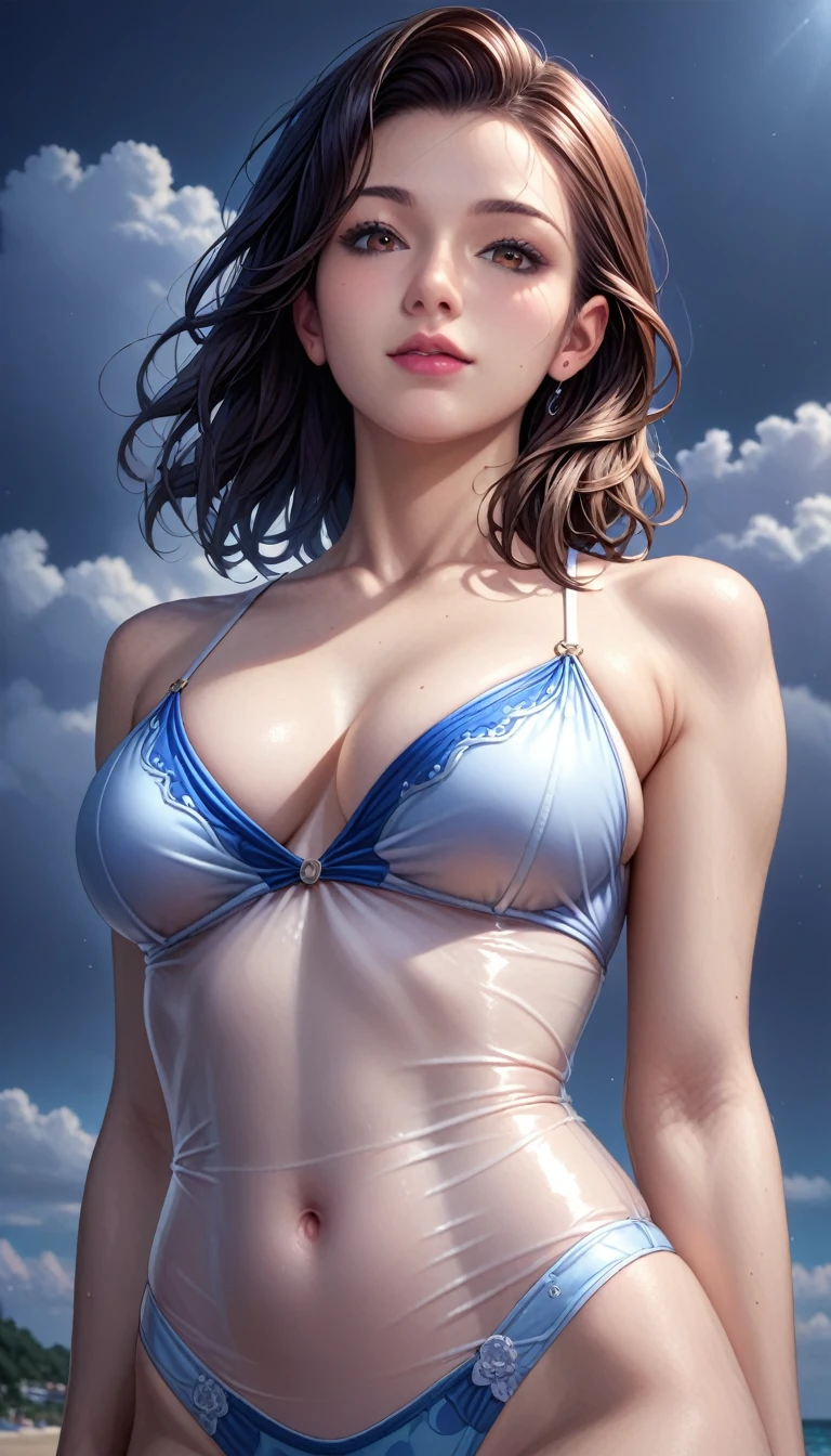 score_9, score_8_superior, score_7_superior, High resolution 3D anime style,A masterpiece in 32K resolution,Highest quality,it is really amazing,Very detailed,Ultra-high resolution,Ultra-realistic,Realistic,Increased depth of field,Cinematic lighting,
(Sexy mature Japan woman:1.2),
(black straight medium hair:1.1),(Ultra-detailed and beautiful face:1.1),(Calm and gentle look:1.1),Beautiful brown eyes,Translucent white skin,Realistic skin texture,Great proportions,
Elegant swimwear,
Summery design,Chic color scheme,Beautiful and delicate decoration,Detailed fabric texture,
(Dark overcast sky on a dull night:1.1),(Dark clouds filling the sky:1),(Thundercloud:1),Coastline at night,Stormy seas,(delay々A desolate sandy beach that continues:1),
(dramatic:1.1),(Low - Angle:1.1),