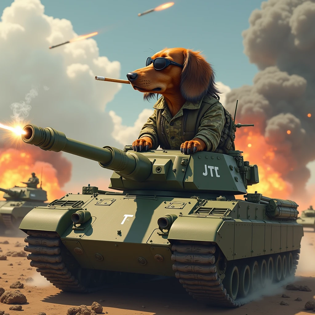 Dachshund Longhaired、Oakley Sunglasses、Wearing a military uniform as a cadet、Intense battlefield with missiles flying、Riding in a tank that is firing、Smoking a cigar、explosion、JTt written on the tank's body、Hideto Suzuki style