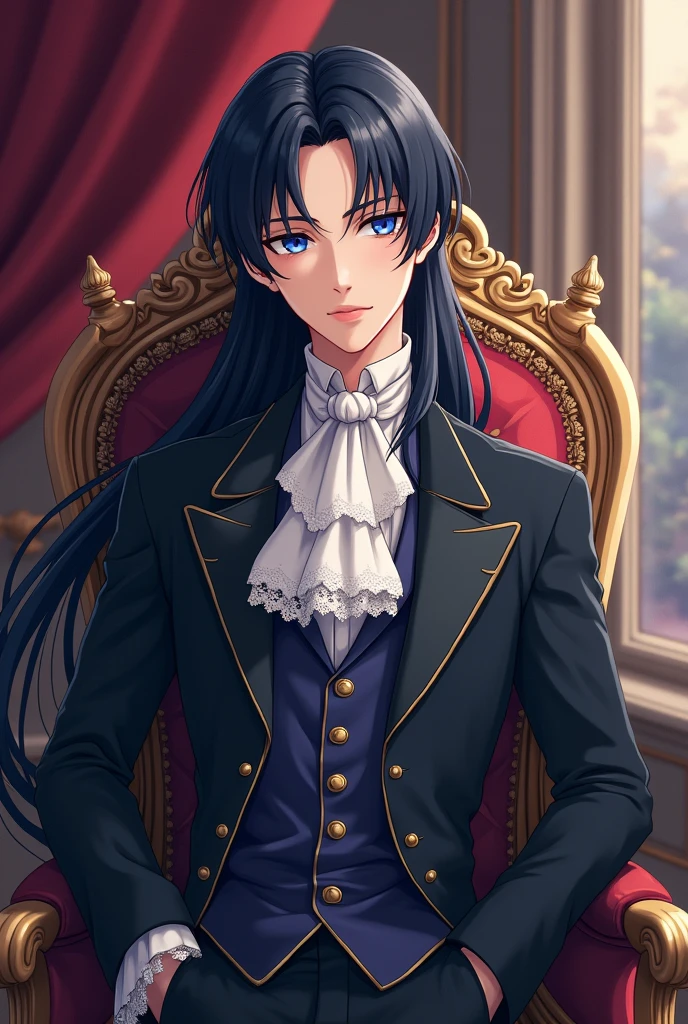 Anime Prince with long black hair and blue almond-shaped eyes. The Victorian era.