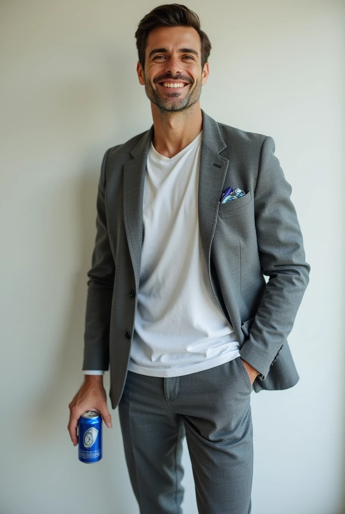 The model poses, standing straight, smiling, holding a can in one hand and putting the other in his trouser pocket.